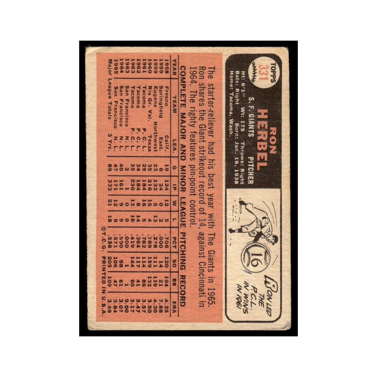 1966 Topps Ron Herbel Giants #331
