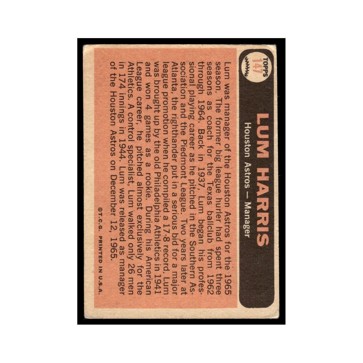 1966 Topps Lum Harris Astros #147