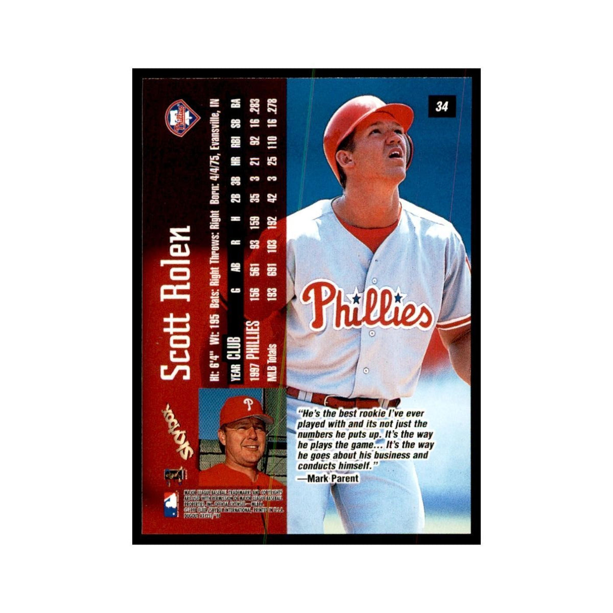 1998 SkyBox Dugout Axcess Scott Rolen Baseball Cards #34