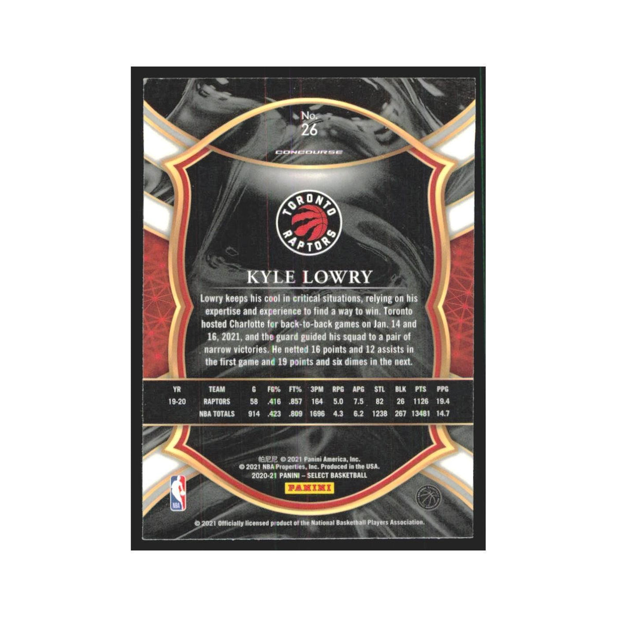 2020-21 Panini Select Kyle Lowry Raptors #26