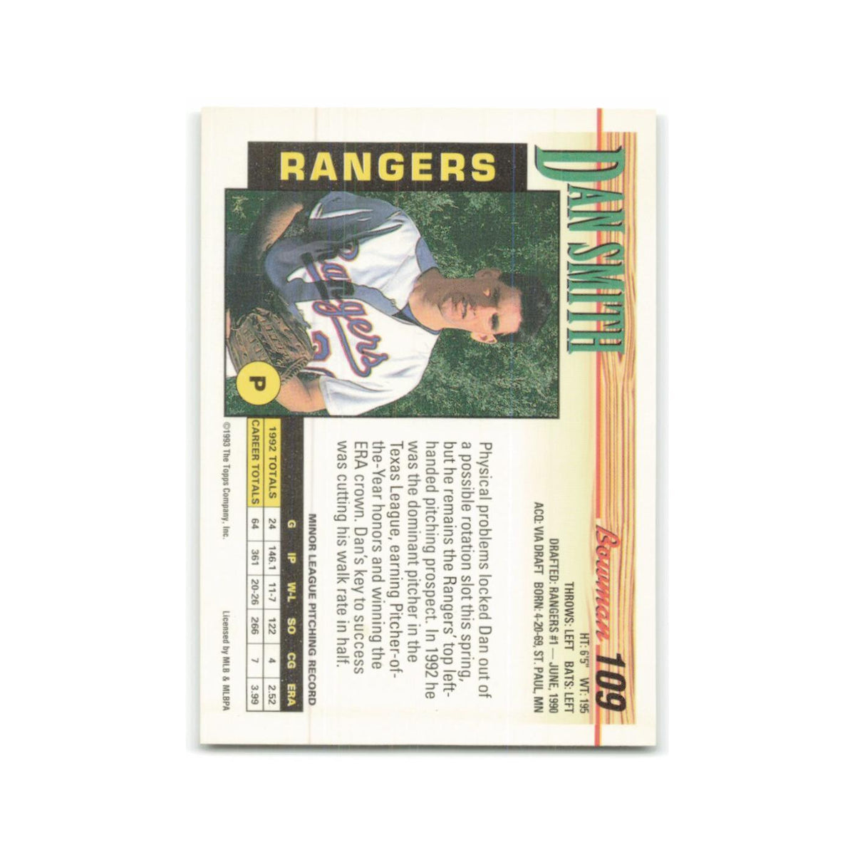 Dan Smith 1993 Bowman #109 Texas Rangers Baseball Card NM