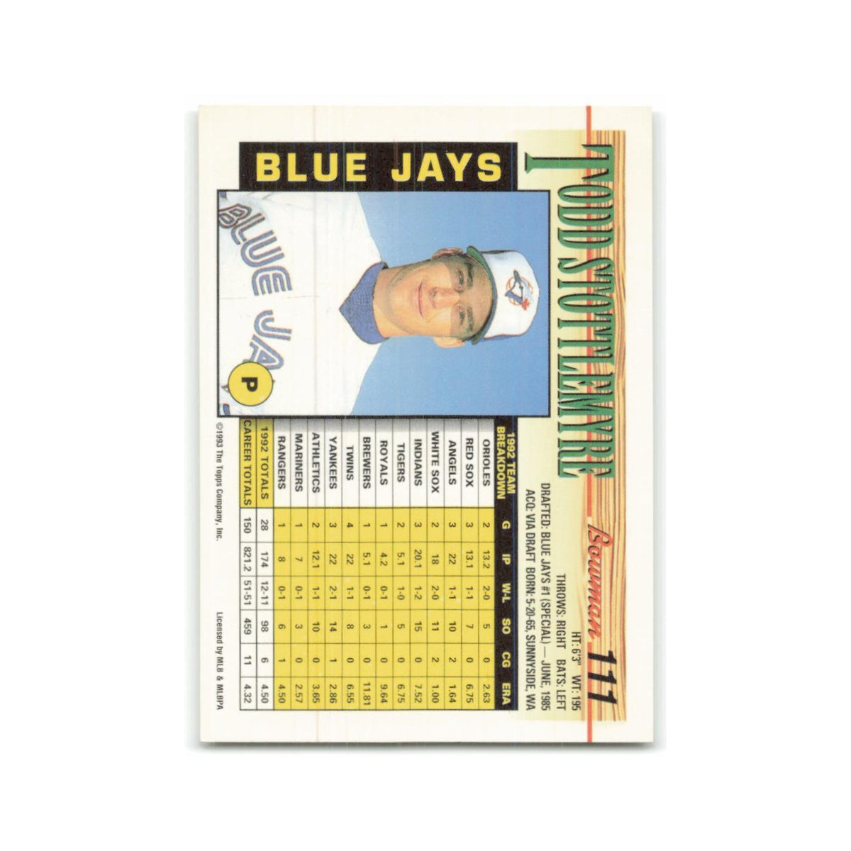 Todd Stottlemyre 1993 Bowman #111 Toronto Blue Jays Baseball Card NM