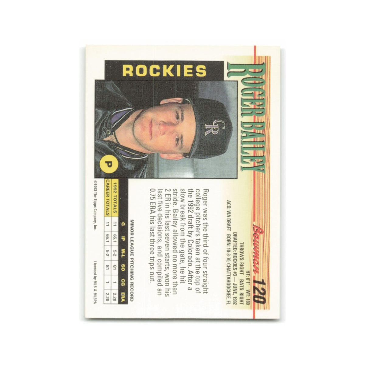 Roger Bailey Rookie 1993 Bowman #120 Colorado Rockies Baseball Card NM