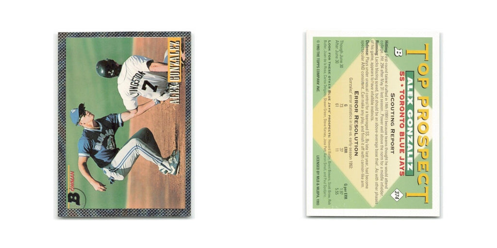 Alex Gonzalez Rookie Foil 1993 Bowman #374 Toronto Blue Jays Baseball Card NM