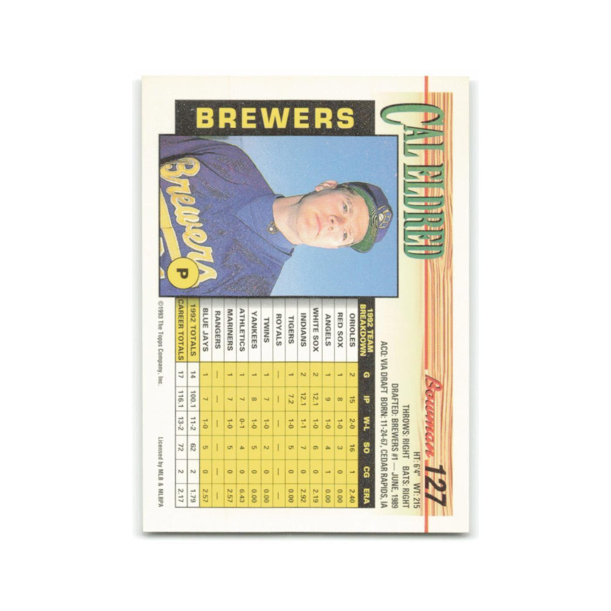 Cal Eldred 1993 Bowman #127 Milwaukee Brewers Baseball Card NM
