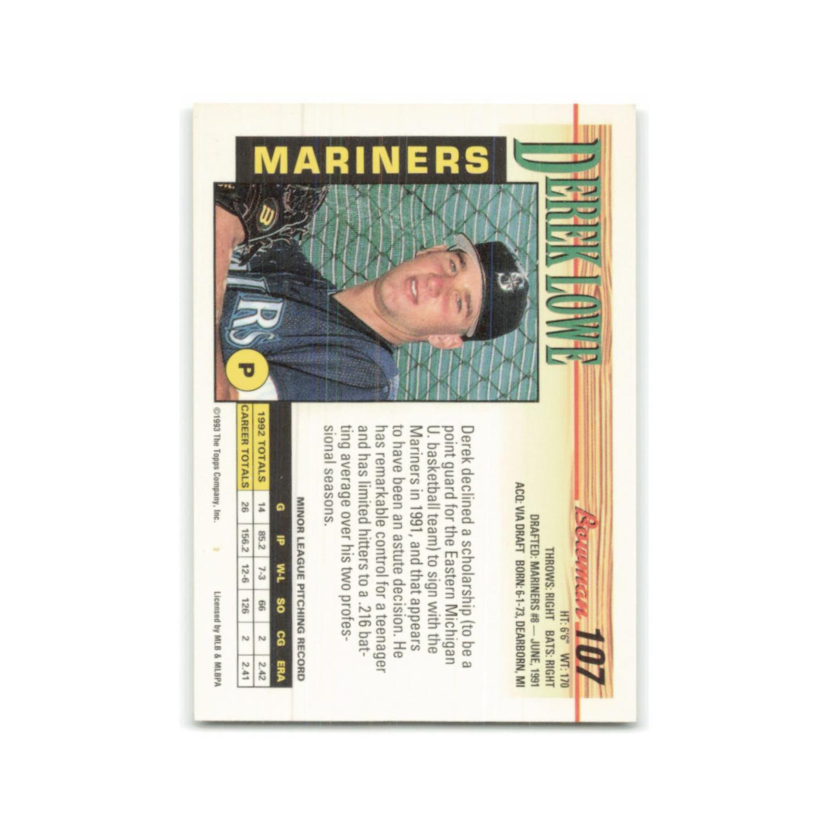 Derek Lowe 1993 Bowman #107 Seattle Mariners Baseball Card NM