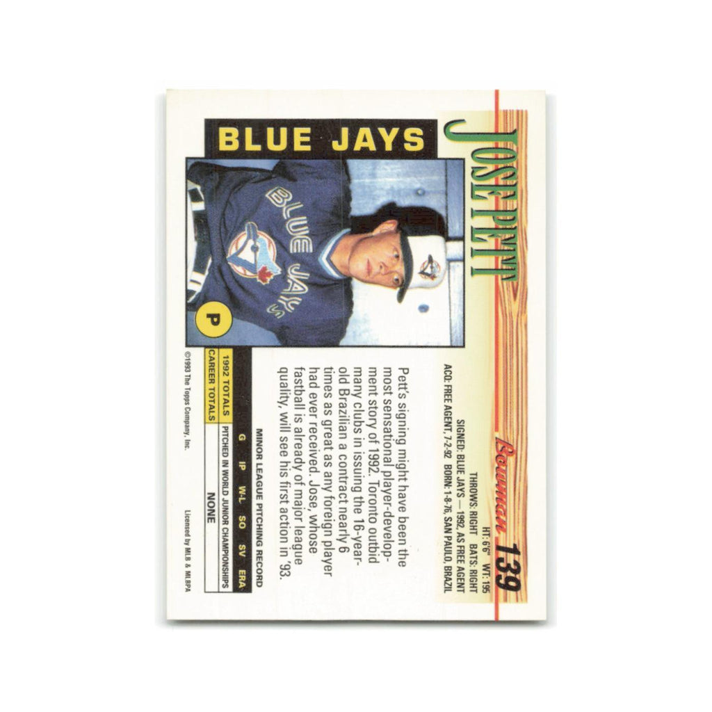 Jose Pett Rookie 1993 Bowman #139 Toronto Blue Jays Baseball Card NM