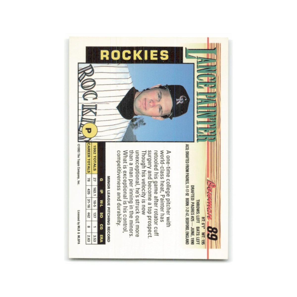 Lance Painter Rookie 1993 Bowman #89 Colorado Rockies Baseball Card NM