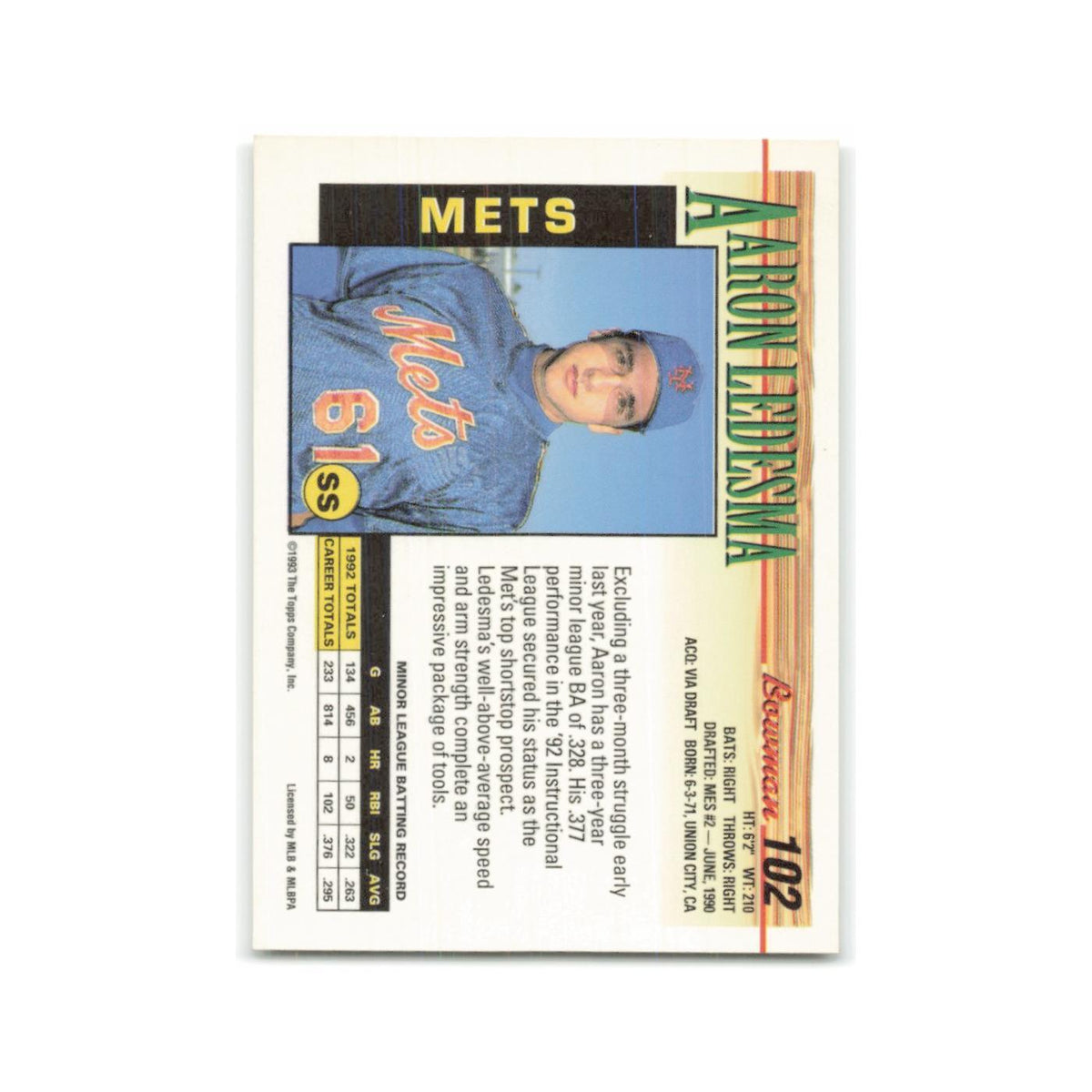 Aaron Ledesma Rookie 1993 Bowman #102 New York Mets Baseball Card NM