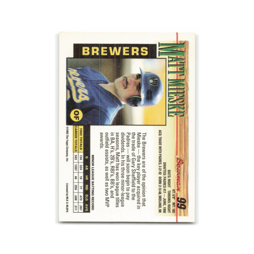 Matt Mieske 1993 Bowman #99 Milwaukee Brewers Baseball Card NM