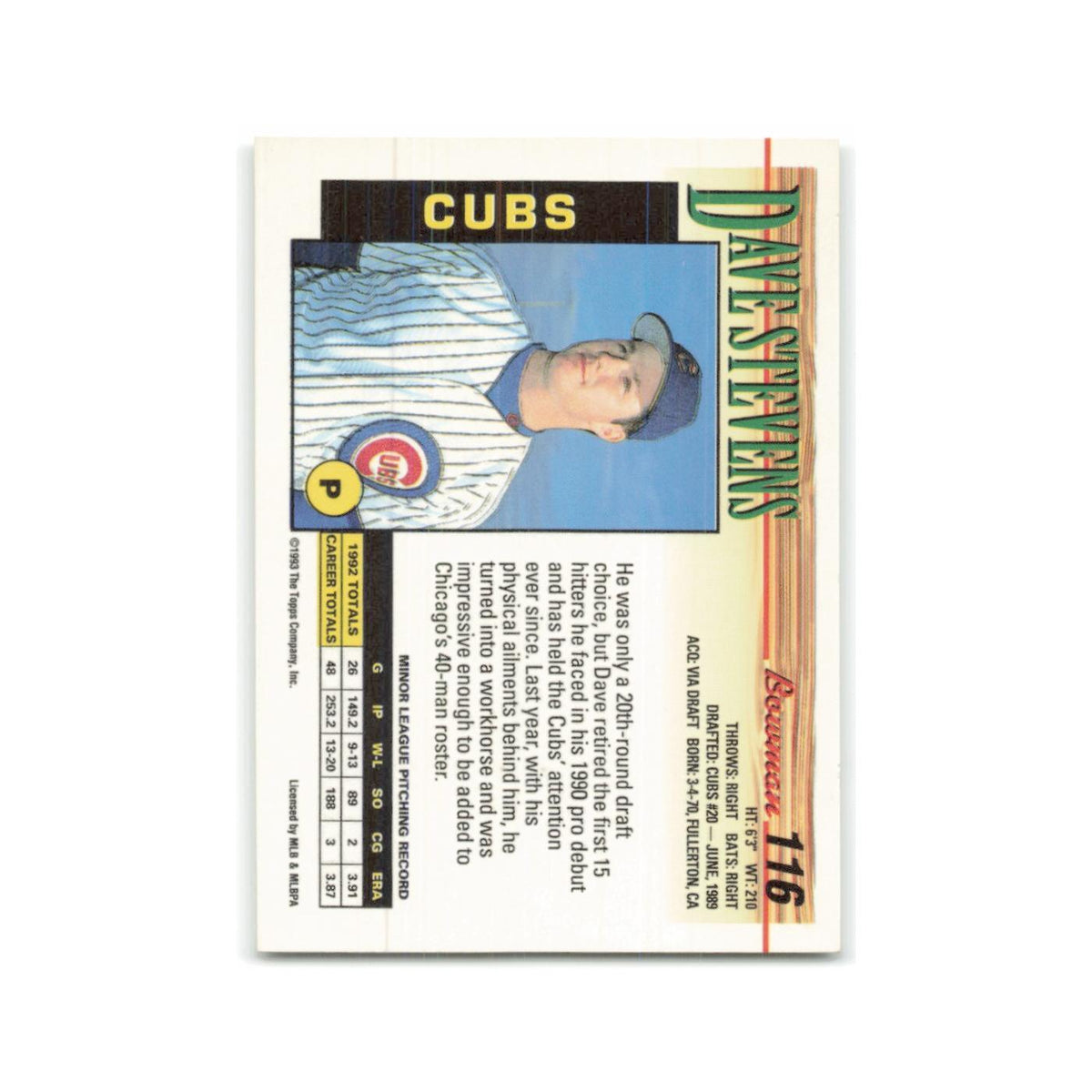 Dave Stevens Rookie 1993 Bowman #116 Chicago Cubs Baseball Card NM