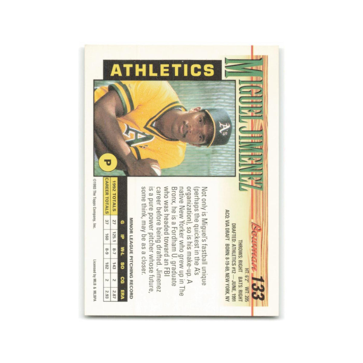Miguel Jimenez Rookie 1993 Bowman #133 Oakland Athletics Baseball Card NM