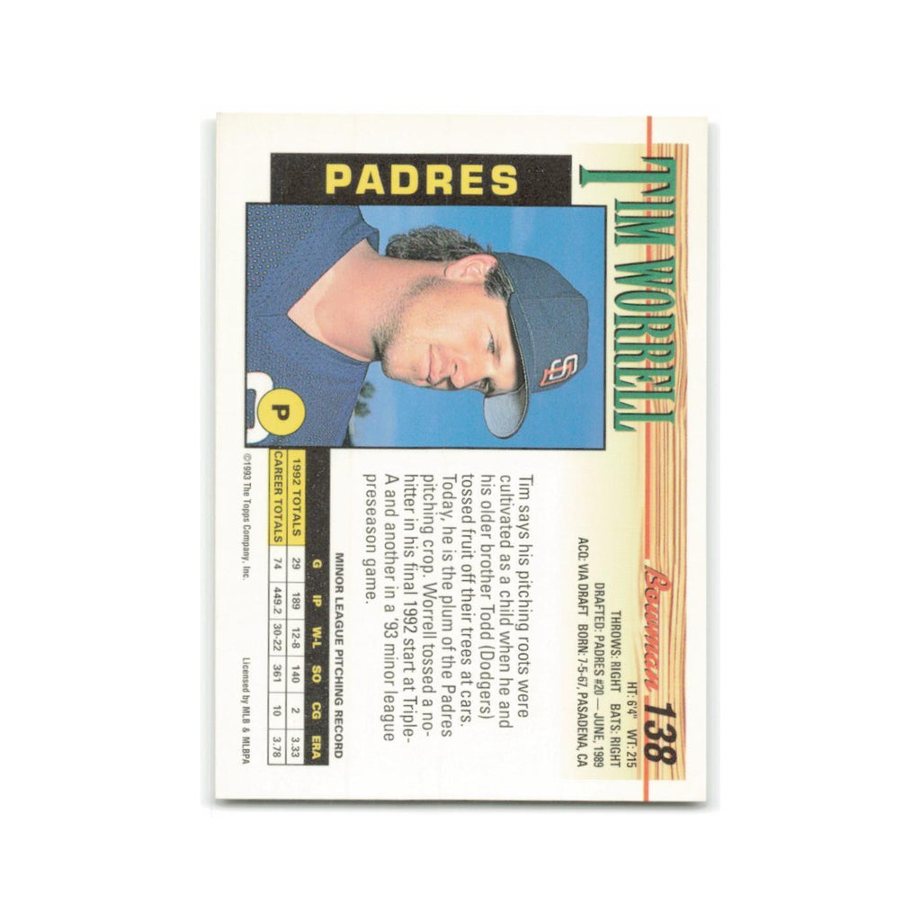 Tim Worrell Rookie 1993 Bowman #138 San Diego Padres Baseball Card NM