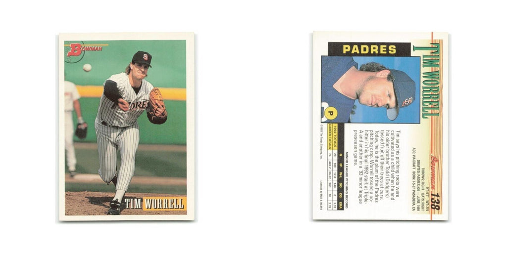 Tim Worrell Rookie 1993 Bowman #138 San Diego Padres Baseball Card NM