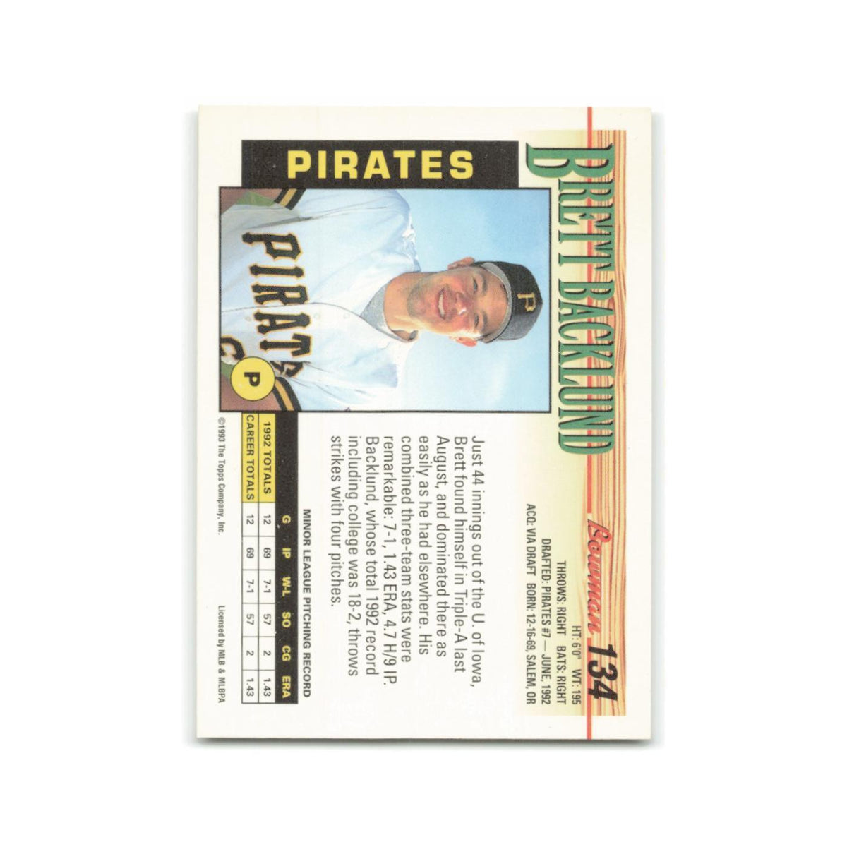 Brett Backlund Rookie 1993 Bowman #134 Pittsburgh Pirates Baseball Card NM