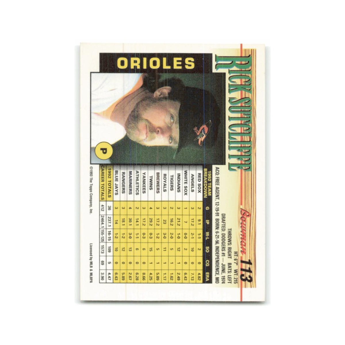 Rick Sutcliffe 1993 Bowman #113 Baltimore Orioles Baseball Card NM