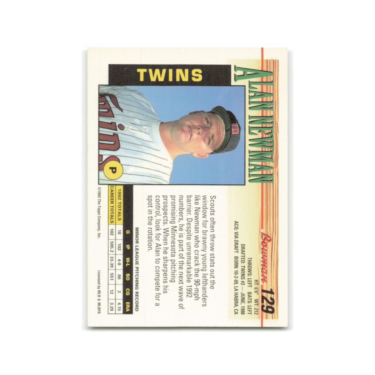 Alan Newman 1993 Bowman #129 Minnesota Twins Baseball Card NM
