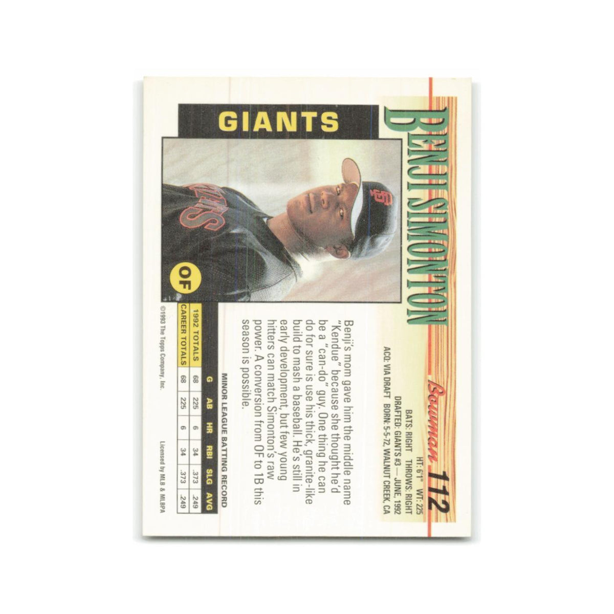 Benji Simonton Rookie 1993 Bowman #112 San Francisco Giants Baseball Card NM