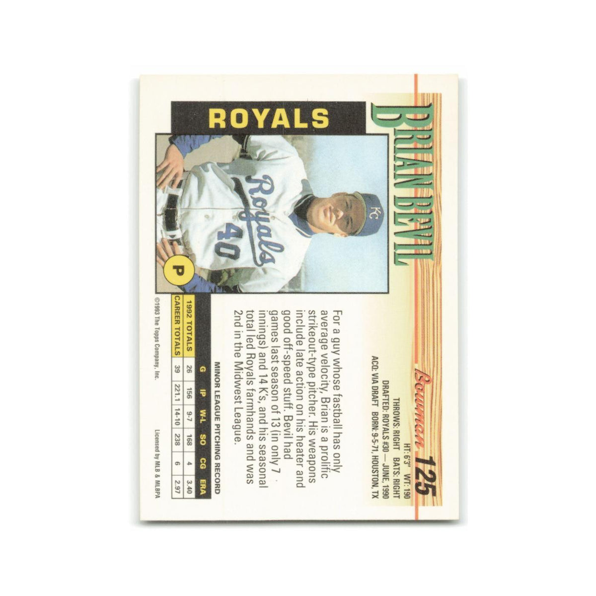 Brian Bevil Rookie 1993 Bowman #125 Kansas City Royals Baseball Card NM