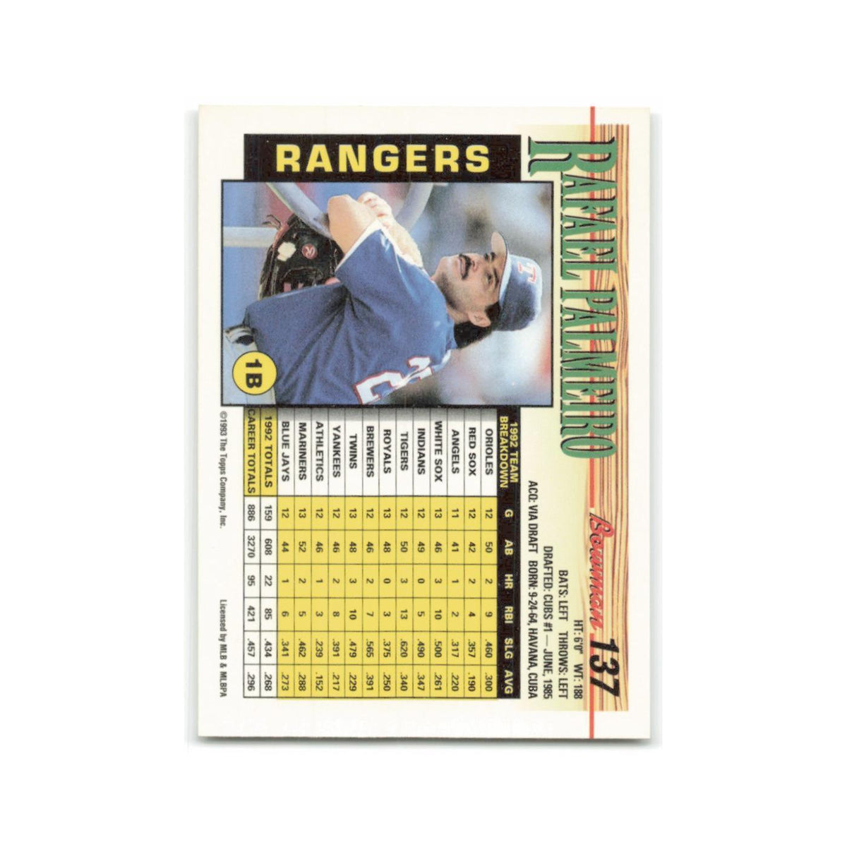 Rafael Palmeiro 1993 Bowman #137 Texas Rangers Baseball Card NM