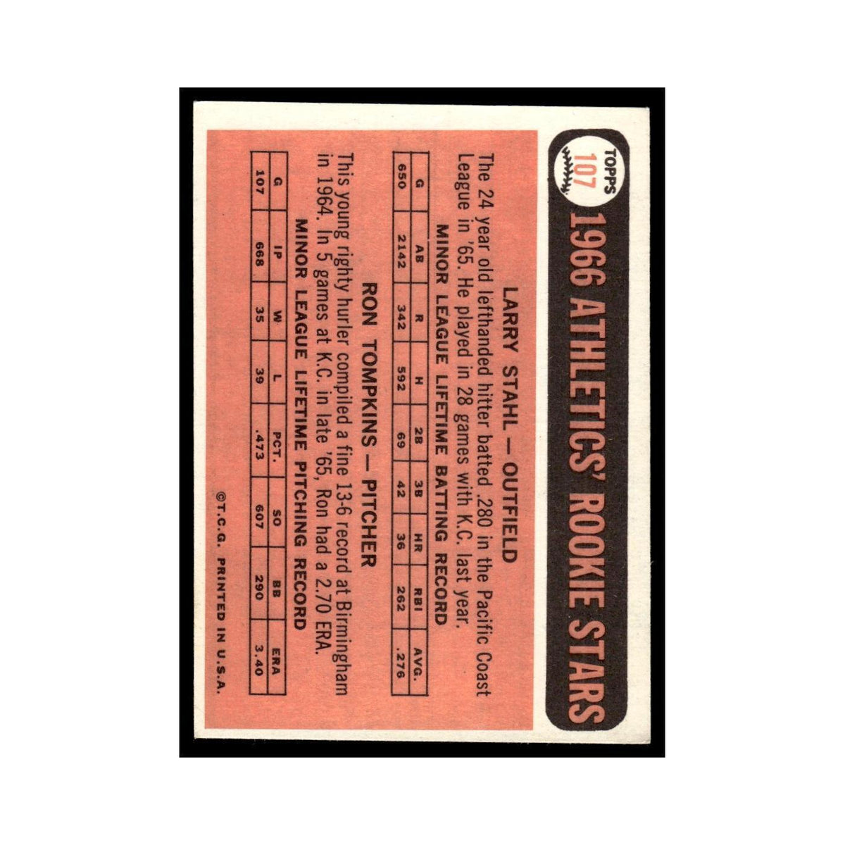 1966 Topps Larry Stahl/Ron Tompkins RC Kansas City Athletics #107
