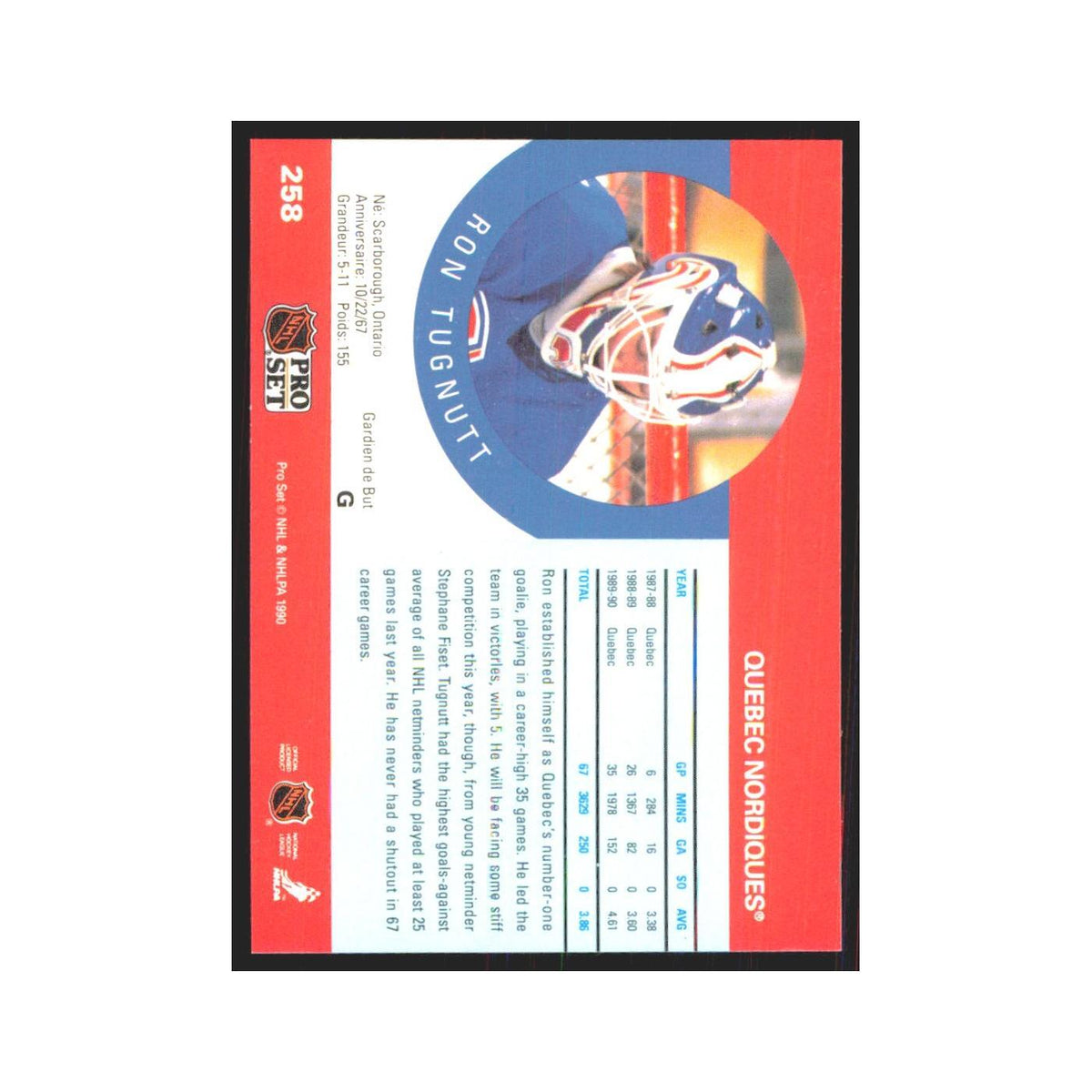 1990 Pro Set Ron Tugnutt Quebec Nordiques #258