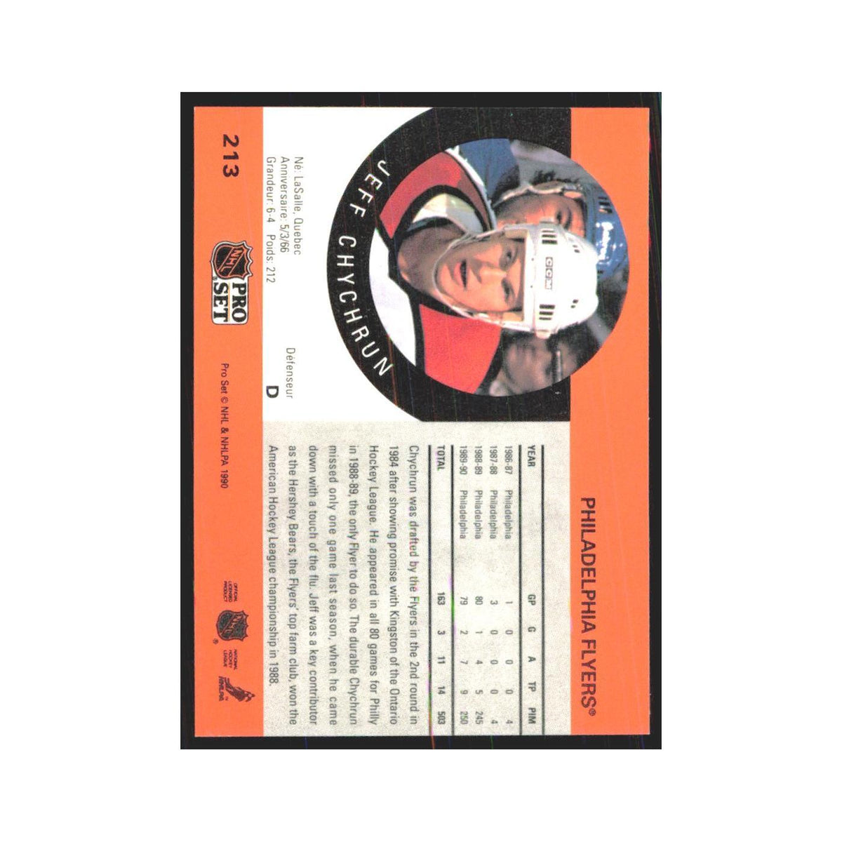 1990 Pro Set Jeff Chychrun Philadelphia Flyers #213