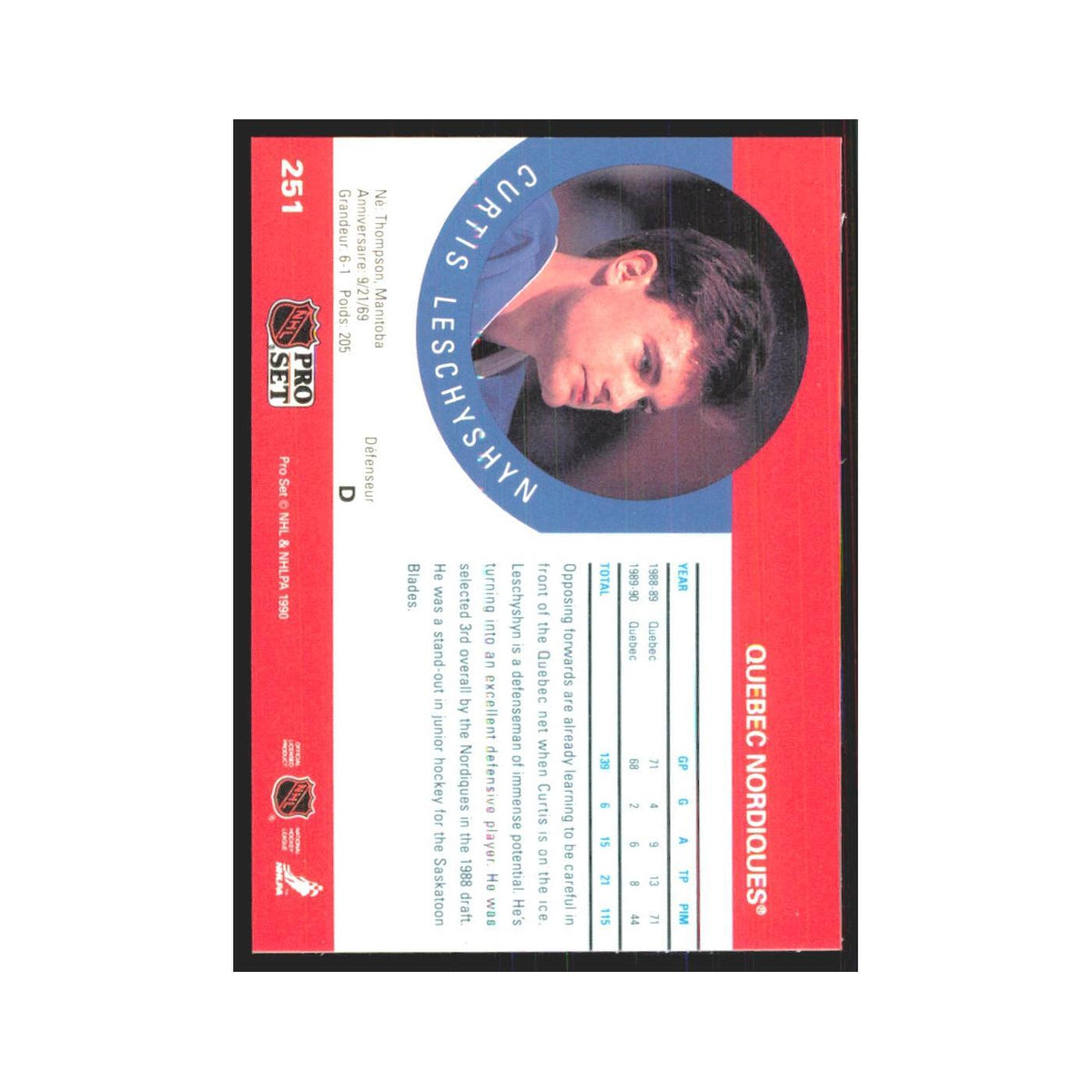 1990 Pro Set Curtis Leschyshyn Quebec Nordiques #251