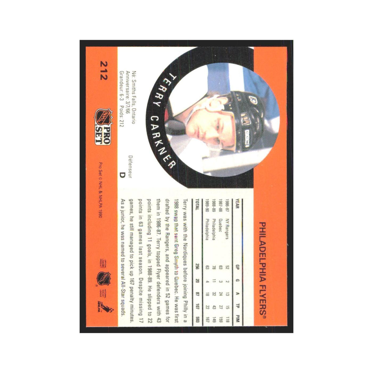 1990 Pro Set Terry Carkner Philadelphia Flyers #212