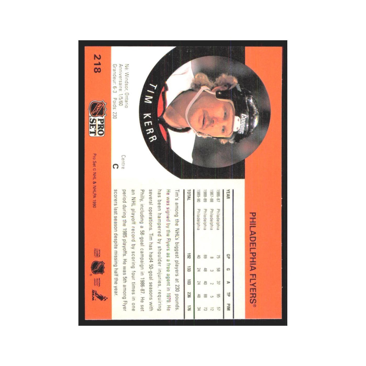 1990 Pro Set Tim Kerr Philadelphia Flyers #218