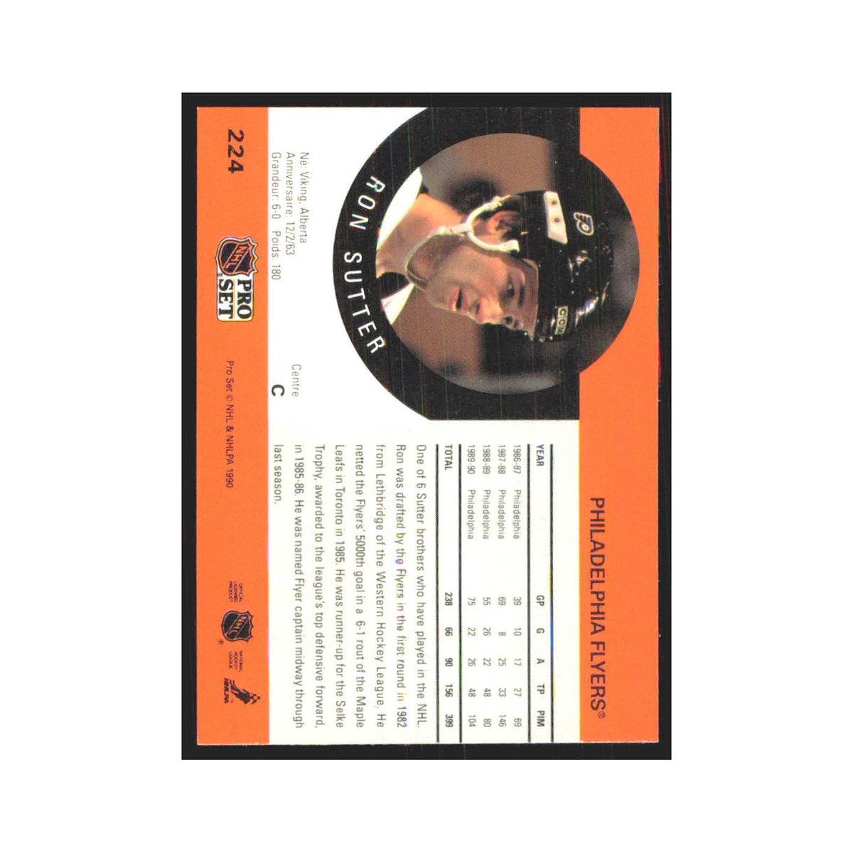 1990 Pro Set Ron Sutter Philadelphia Flyers #224