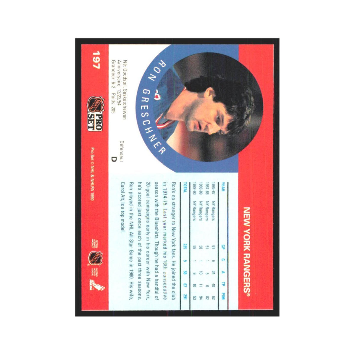 1990 Pro Set Ron Greschner New York Rangers #197