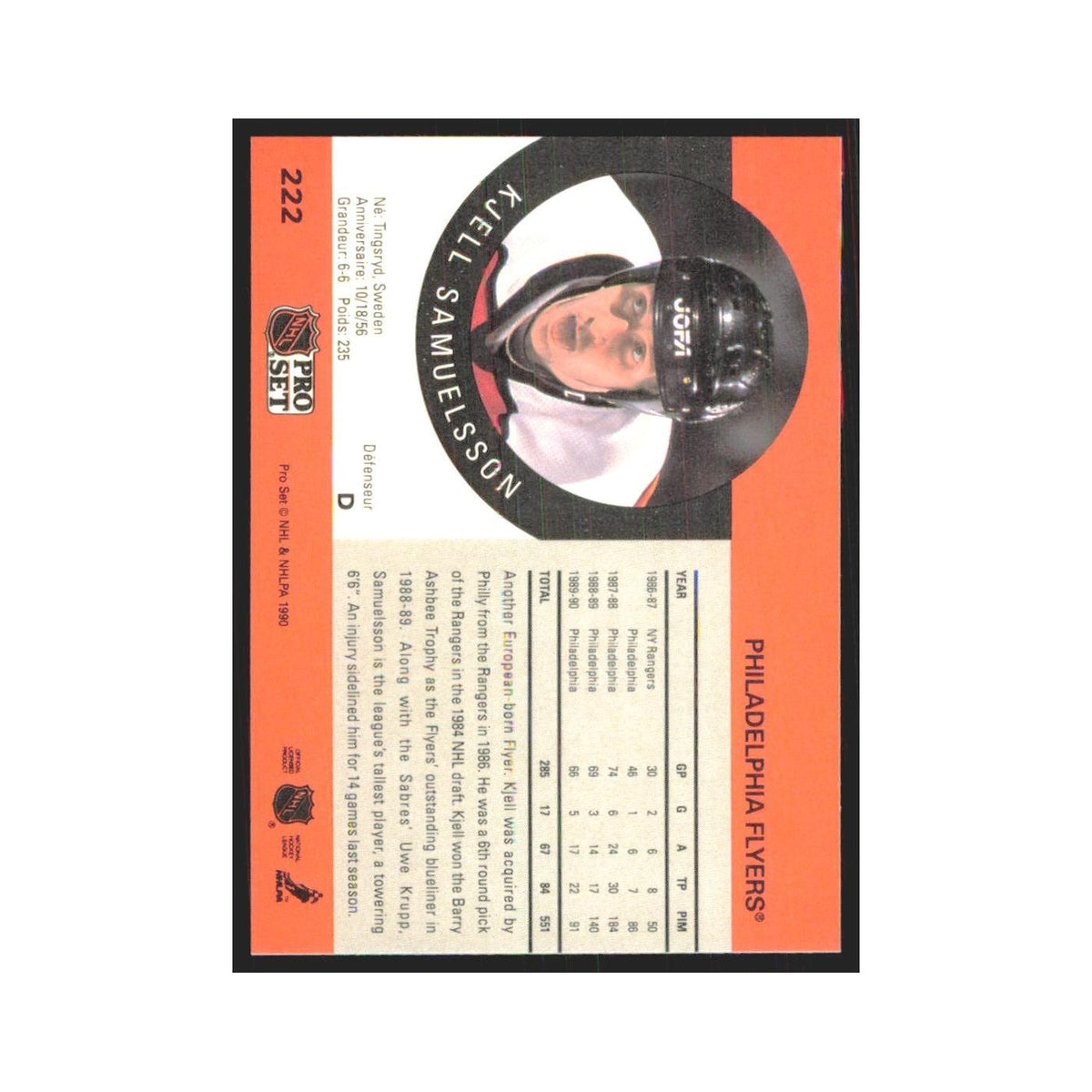 1990 Pro Set Kjell Samuelsson Philadelphia Flyers #222