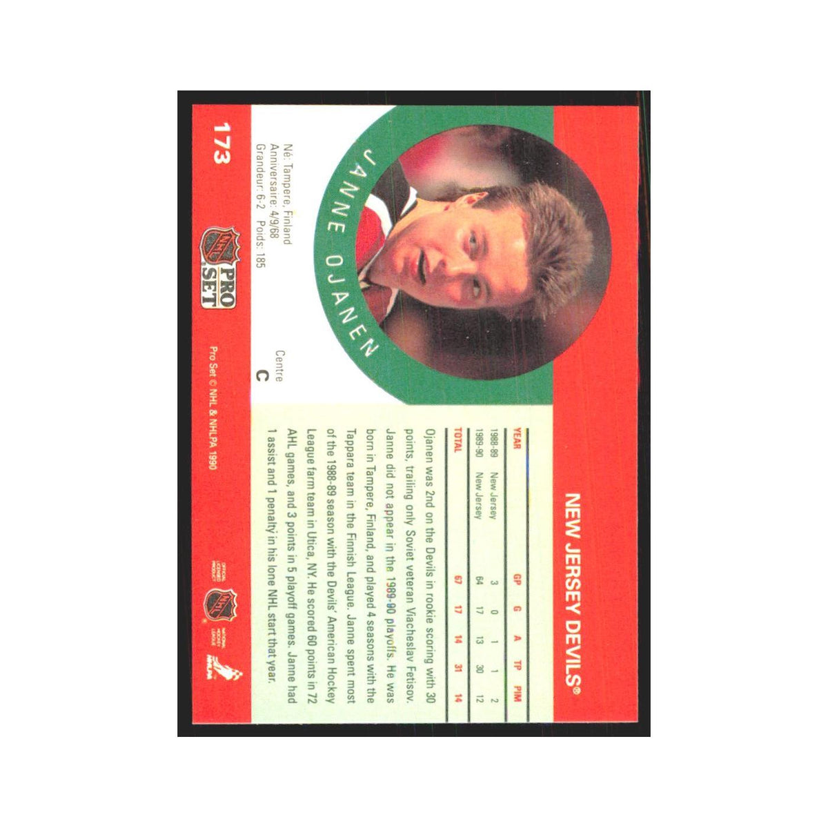 1990 Pro Set Janne Ojanen New Jersey Devils #173
