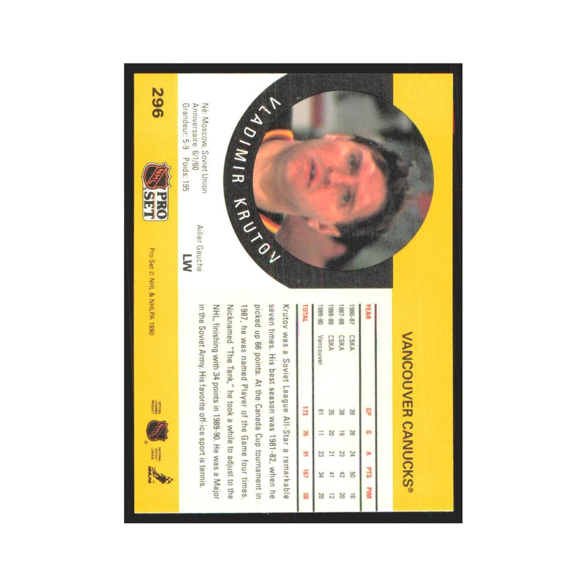 1990 Pro Set Vladimir Krutov Vancouver Canucks #296