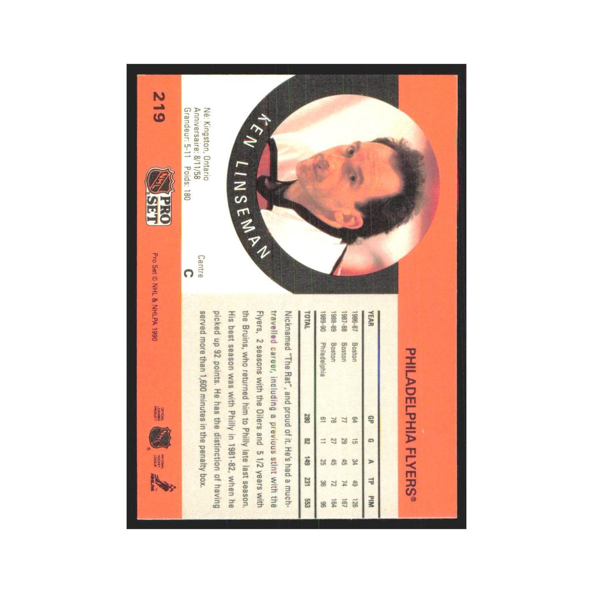 1990 Pro Set Ken Linseman Philadelphia Flyers #219
