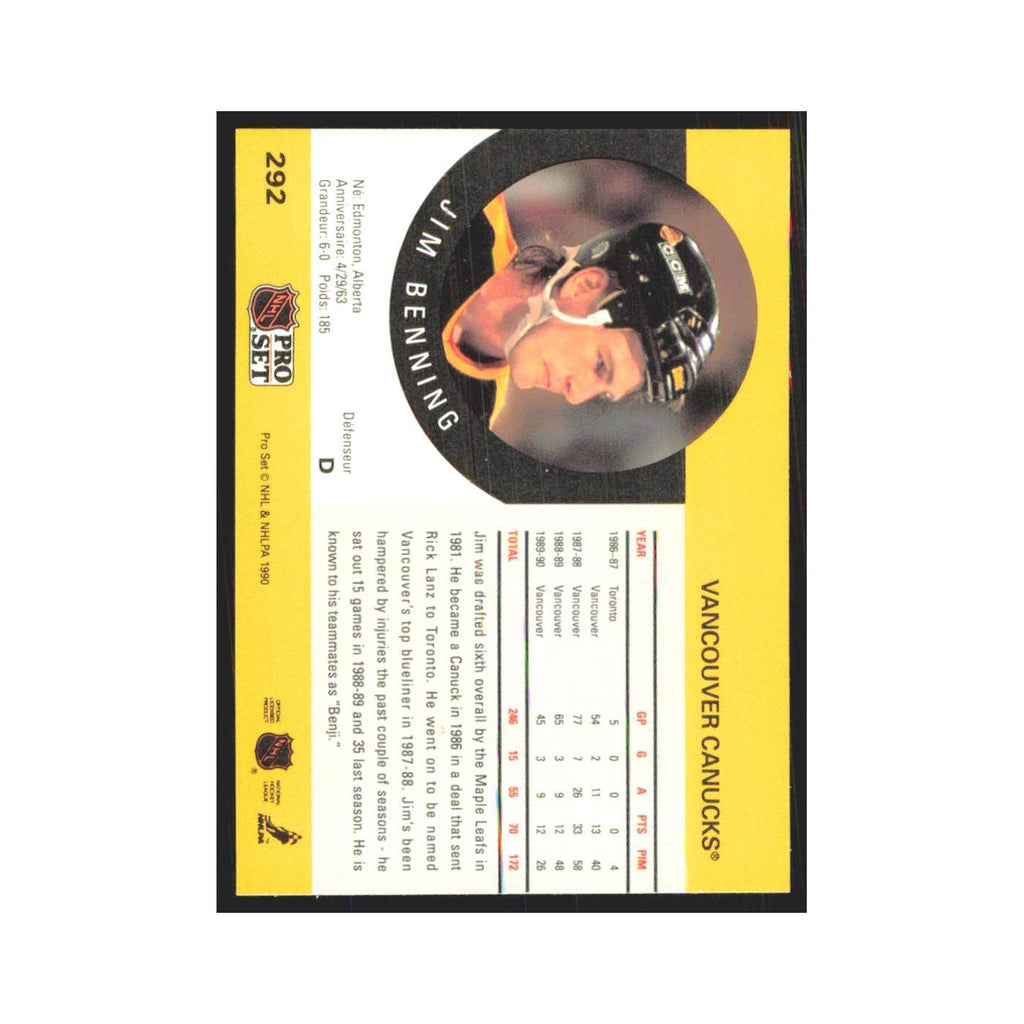 1990 Pro Set Jim Benning Vancouver Canucks #292