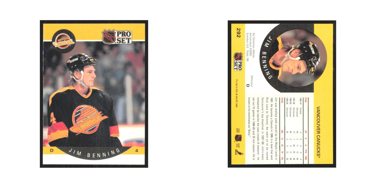 1990 Pro Set Jim Benning Vancouver Canucks #292