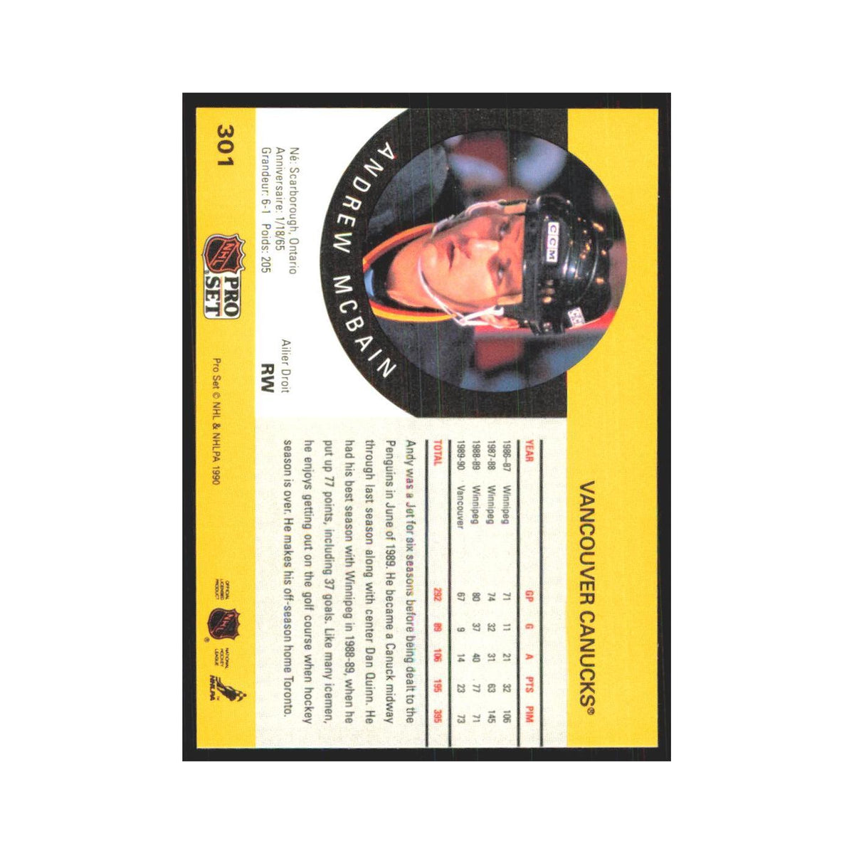 1990 Pro Set Andrew McBain Vancouver Canucks #301