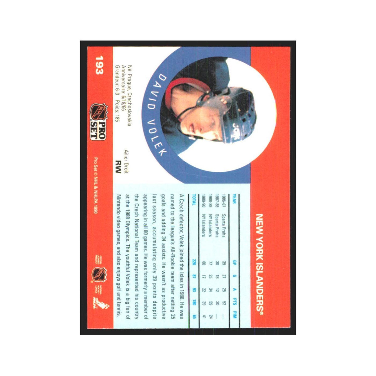 1990 Pro Set David Volek New York Islanders #193