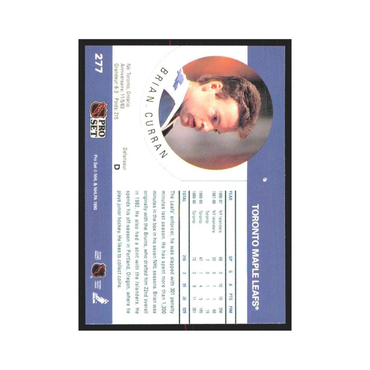1990 Pro Set Brian Curran Toronto Maple Leafs #277