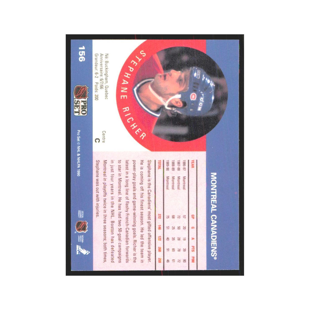 1990 Pro Set Stephane Richer Montreal Canadiens #156