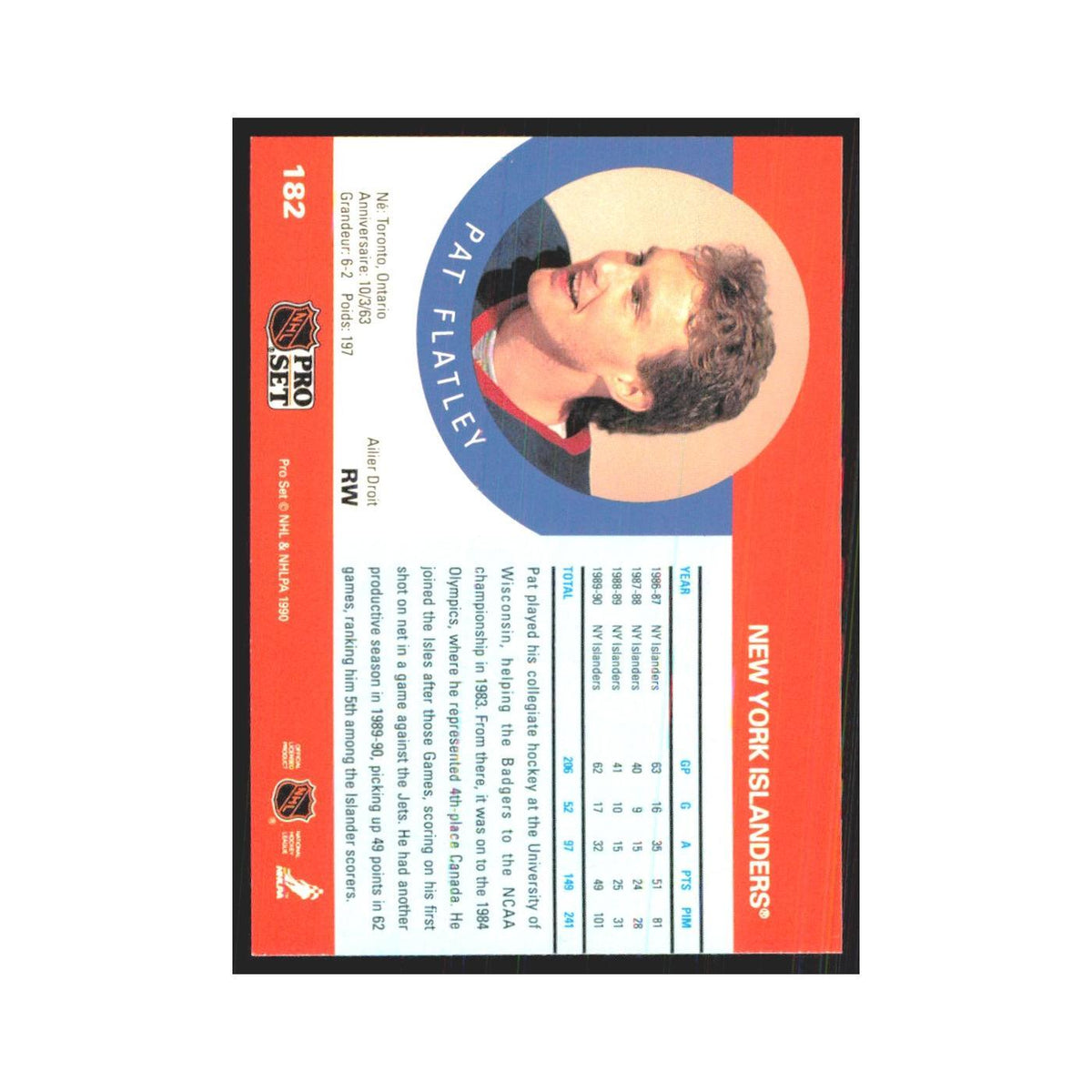 1990 Pro Set Patrick Flatley New York Islanders #182