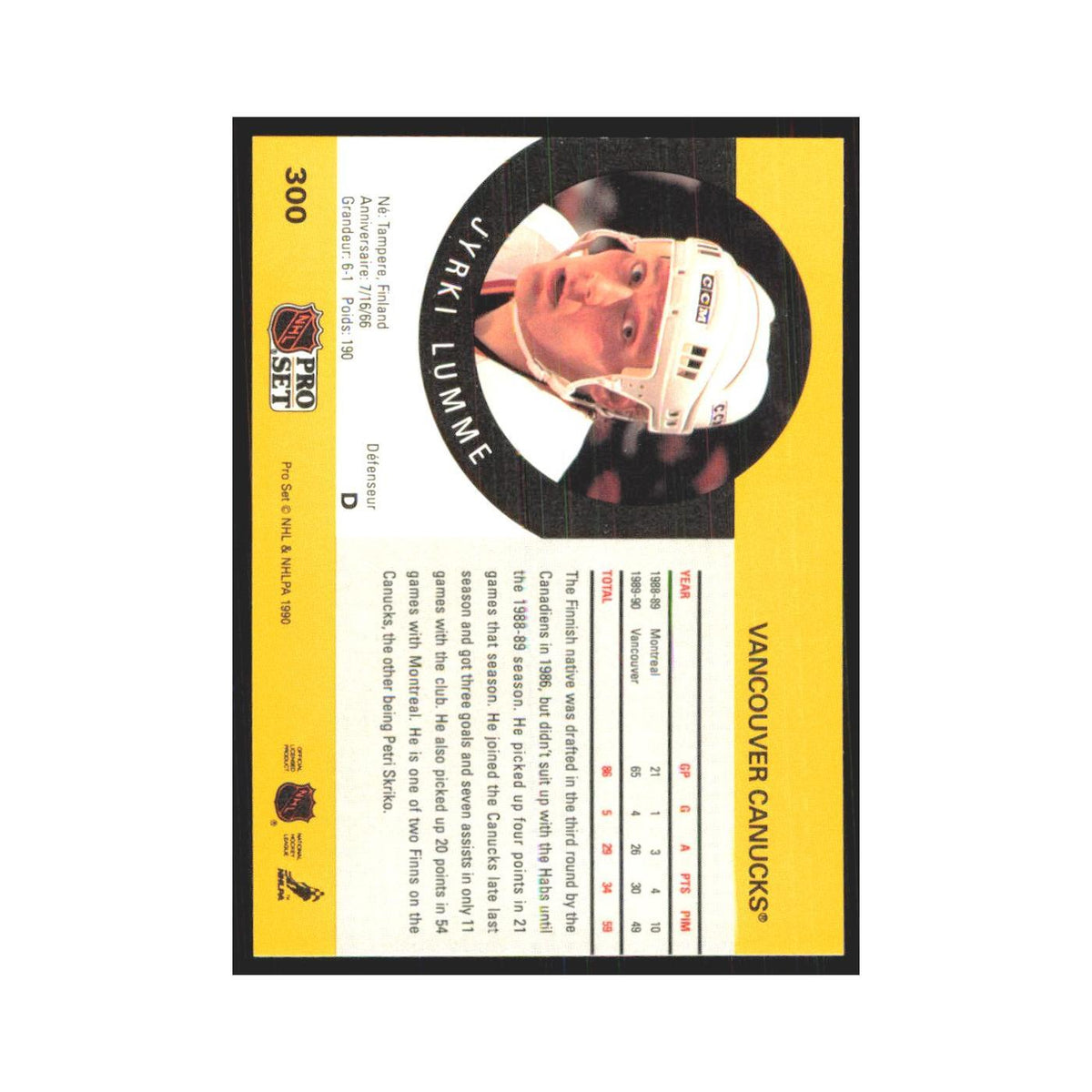 1990 Pro Set Jyrki Lumme Vancouver Canucks #300