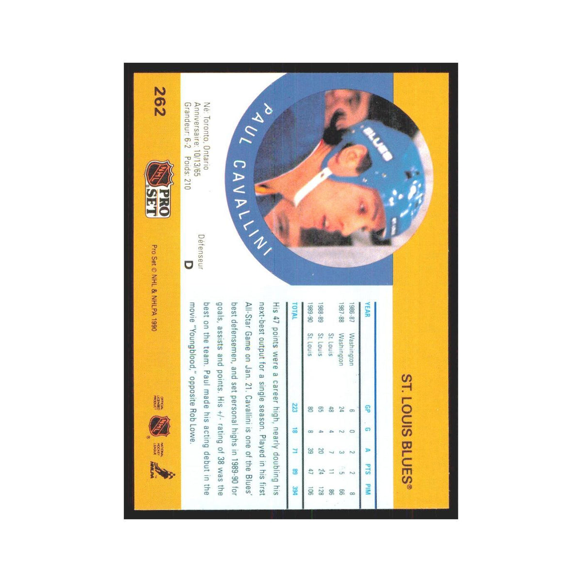 1990 Pro Set Paul Cavallini St. Louis Blues #262