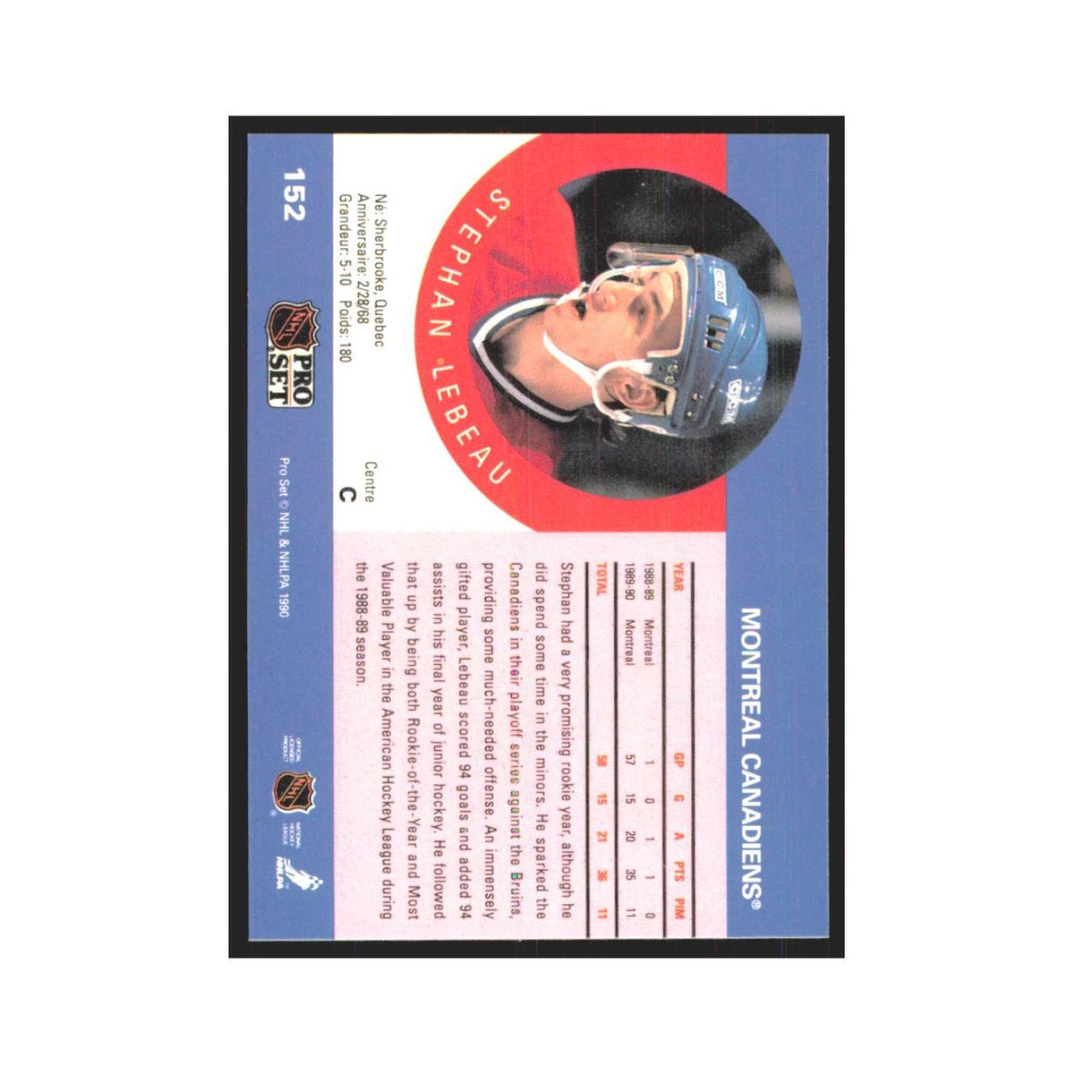 1990 Pro Set Stephan Lebeau Montreal Canadiens #152