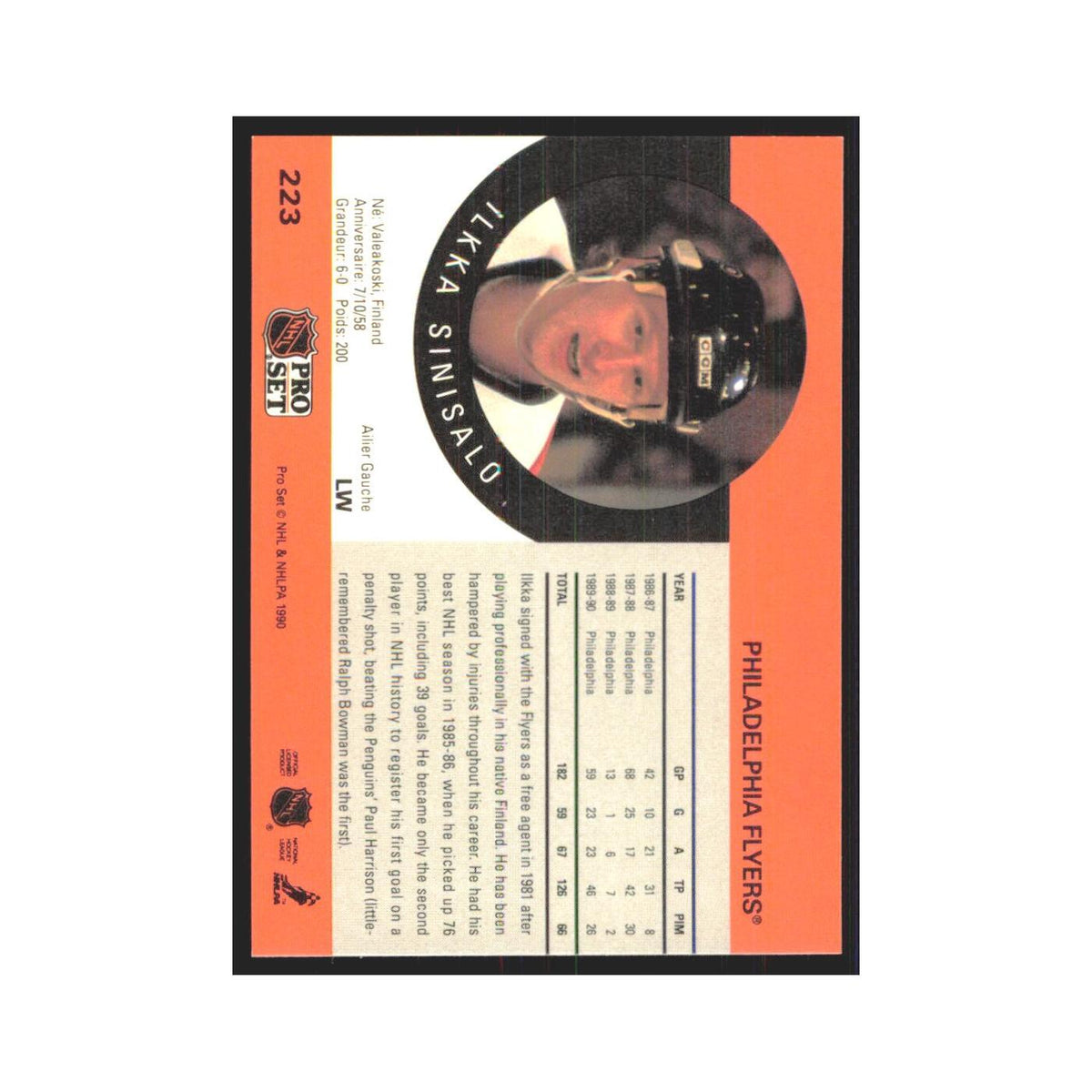 1990 Pro Set Ilkka Sinisalo Philadelphia Flyers #223