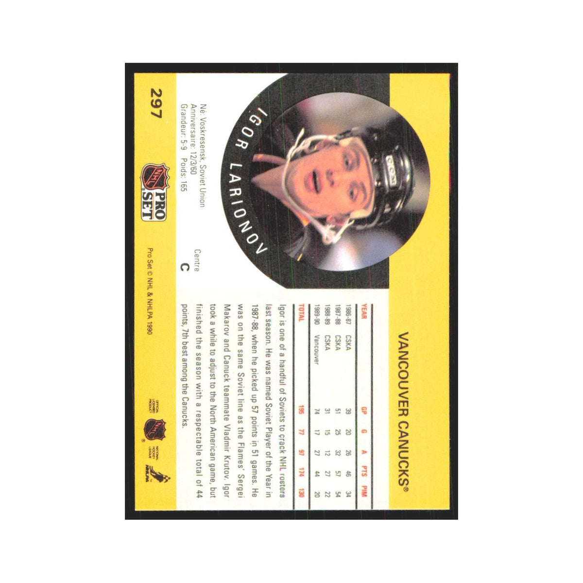 1990 Pro Set Igor Larionov Vancouver Canucks #297