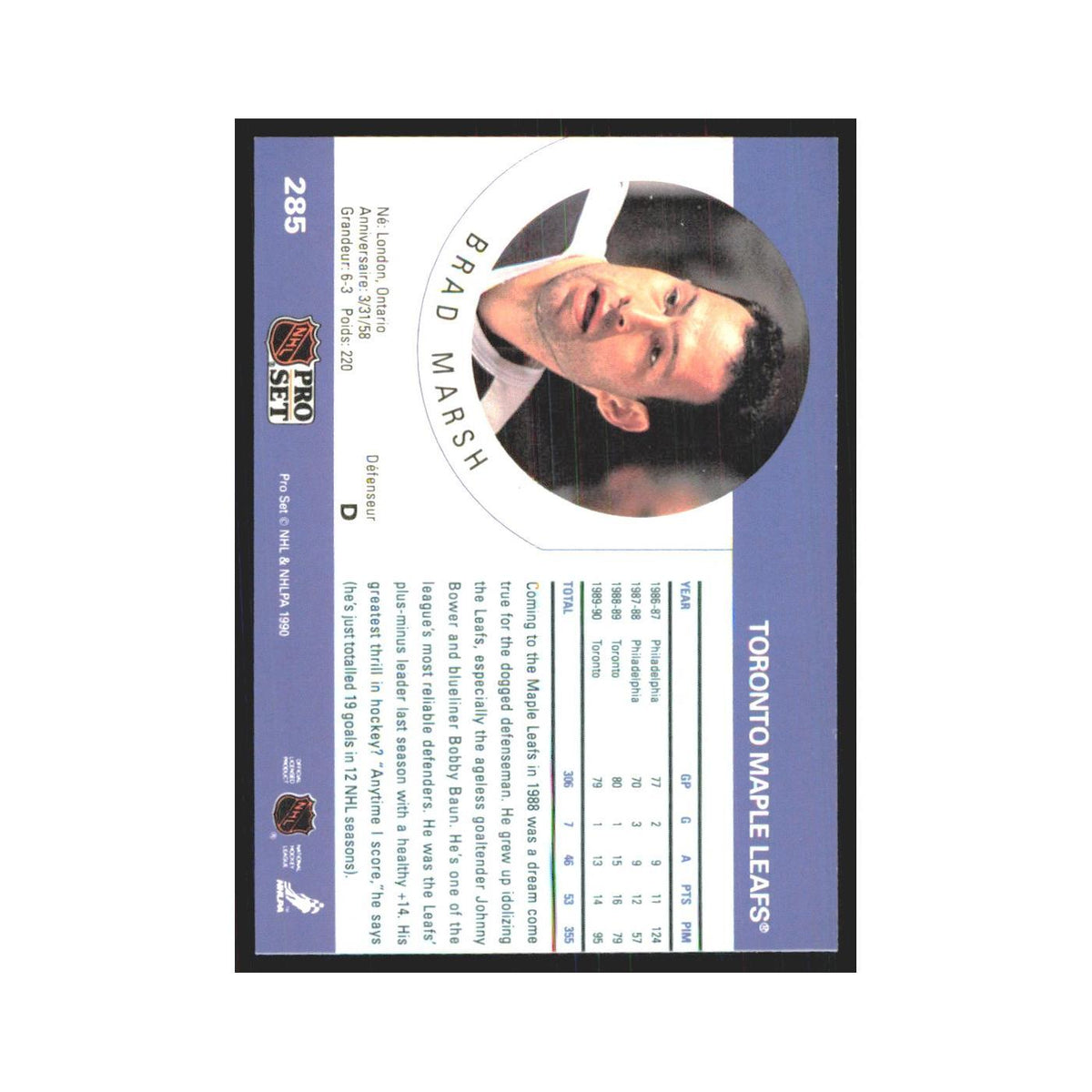 1990 Pro Set Brad Marsh Toronto Maple Leafs #285