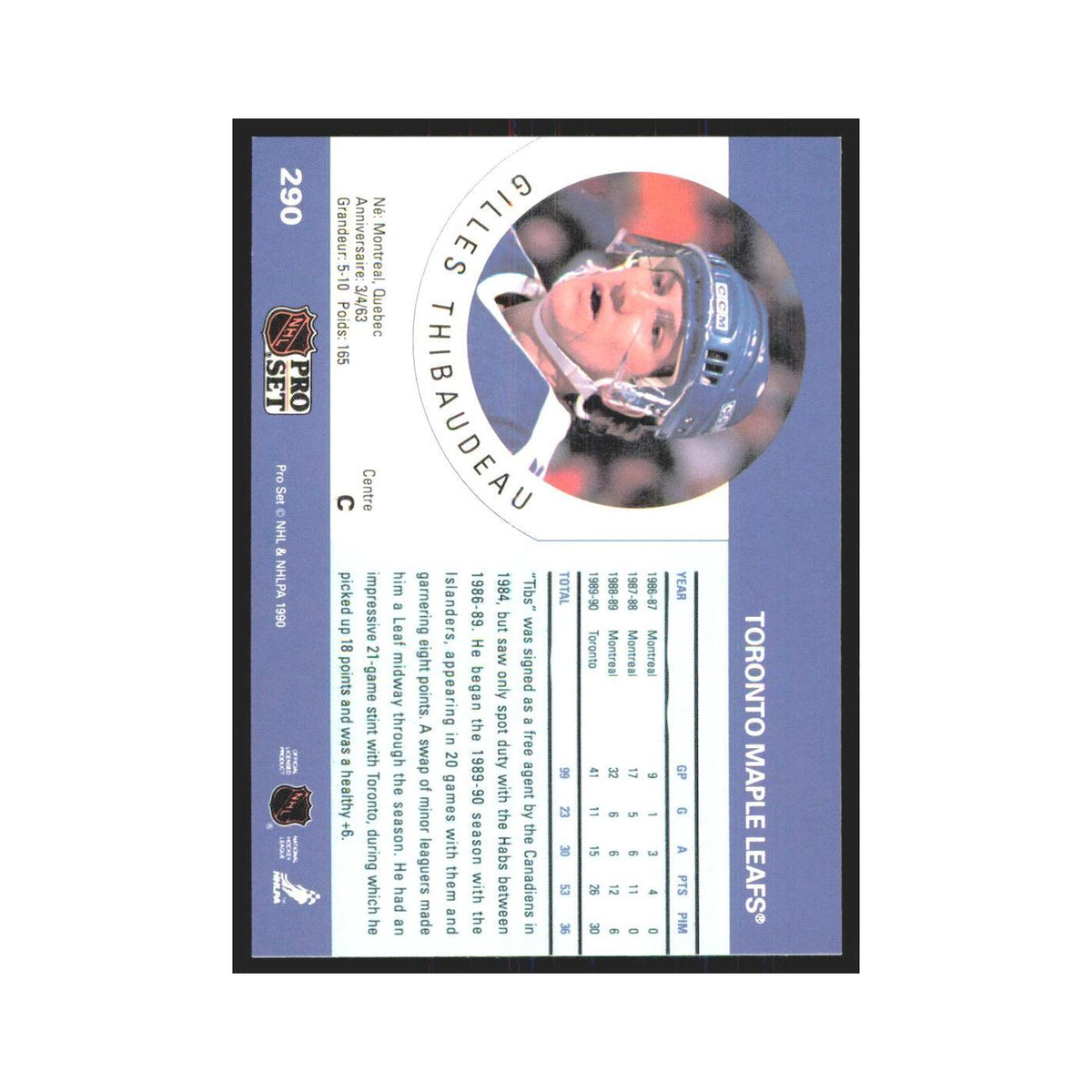 1990 Pro Set Gilles Thibaudeau Toronto Maple Leafs #290